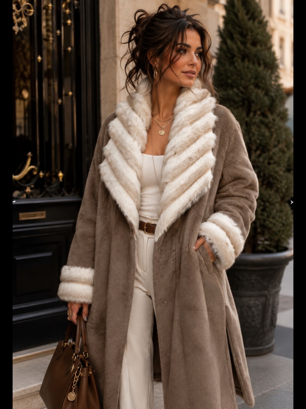 NWT Elegant Cream and Tan Faux Fur Coat